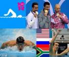 100 M styl mužů Butterfly pódium, Michael Phelps (USA), plavání, Jevgenij Korotyshkin (Rusko), Chad le Clos (Jižní Afrika) - London 2012-